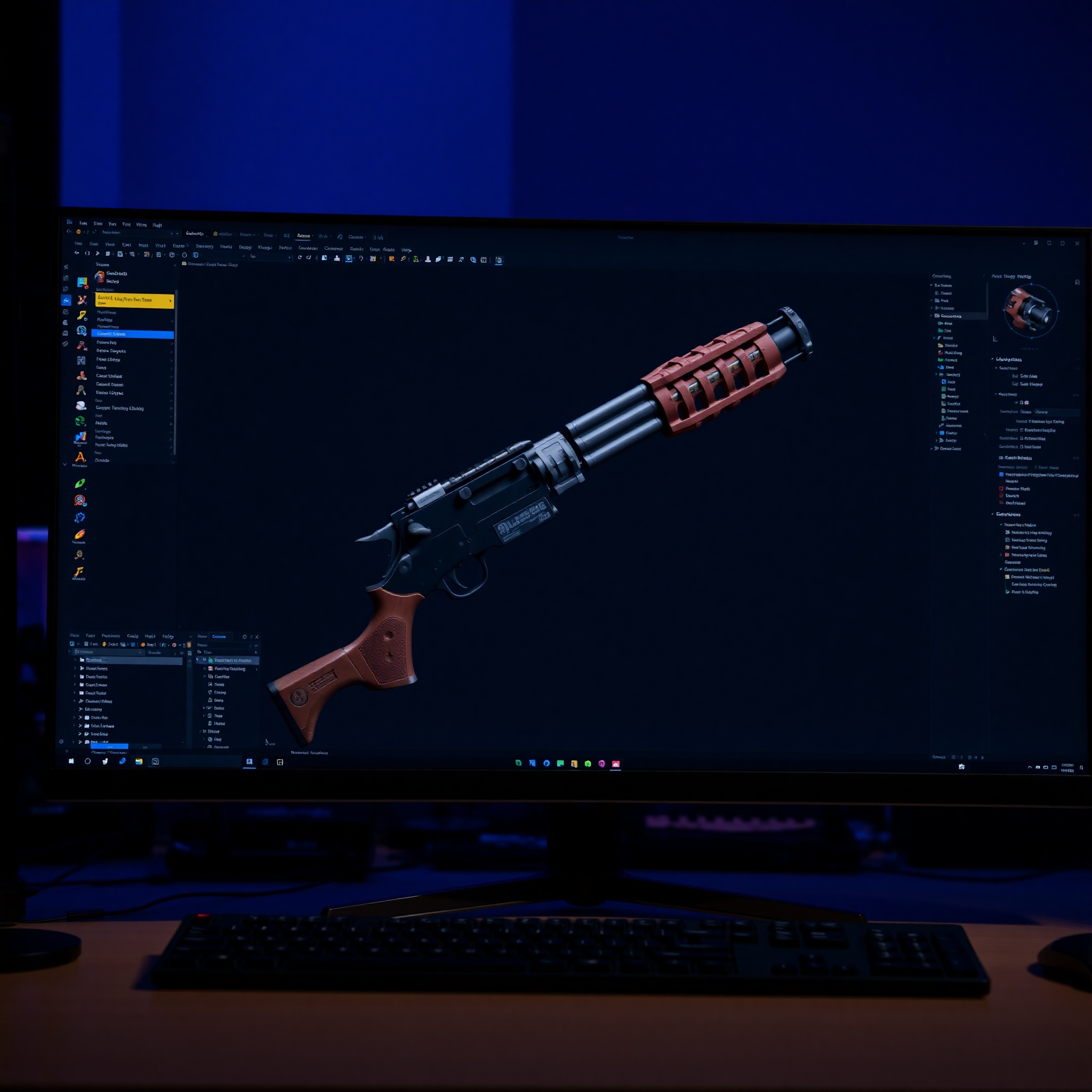 Interfaz de Blender mostrando un modelo 3D detallado de arma de videojuego con iluminación profesional