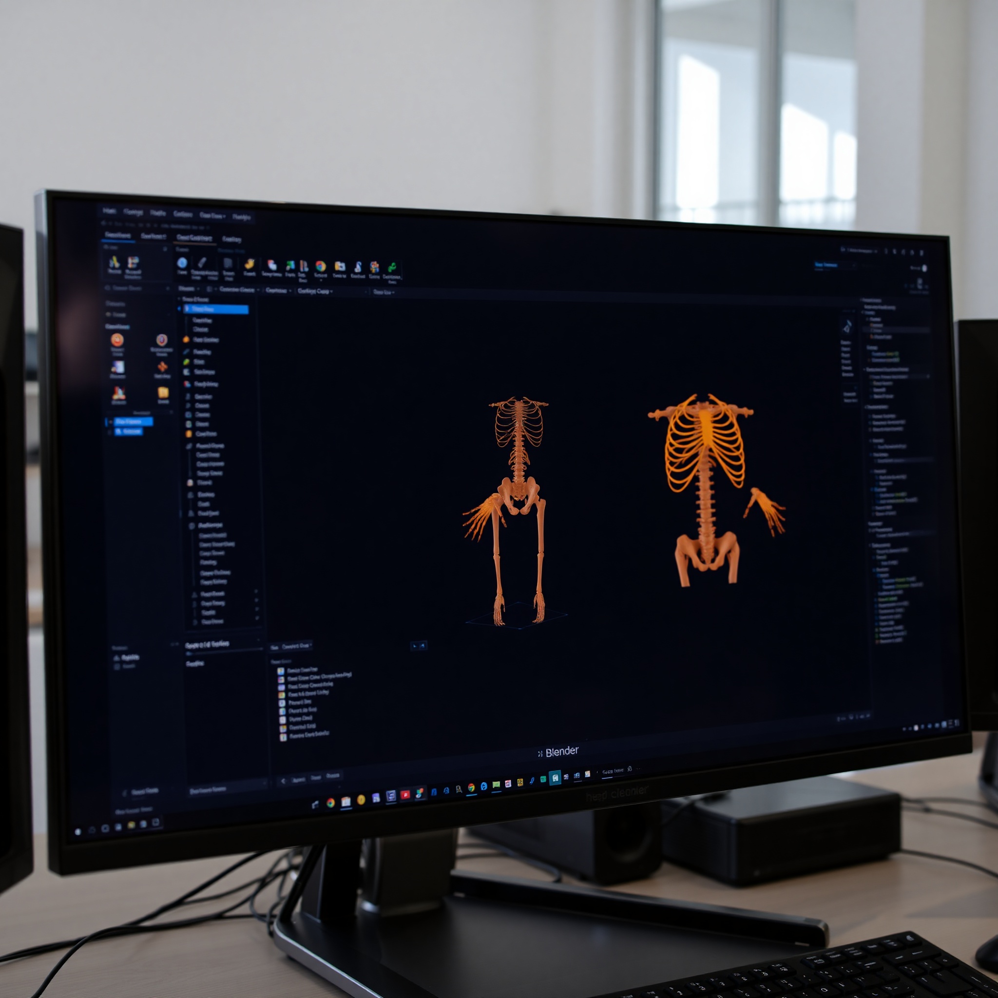 Esqueleto digital de personaje 3D mostrado en Blender con estructura ósea visible
