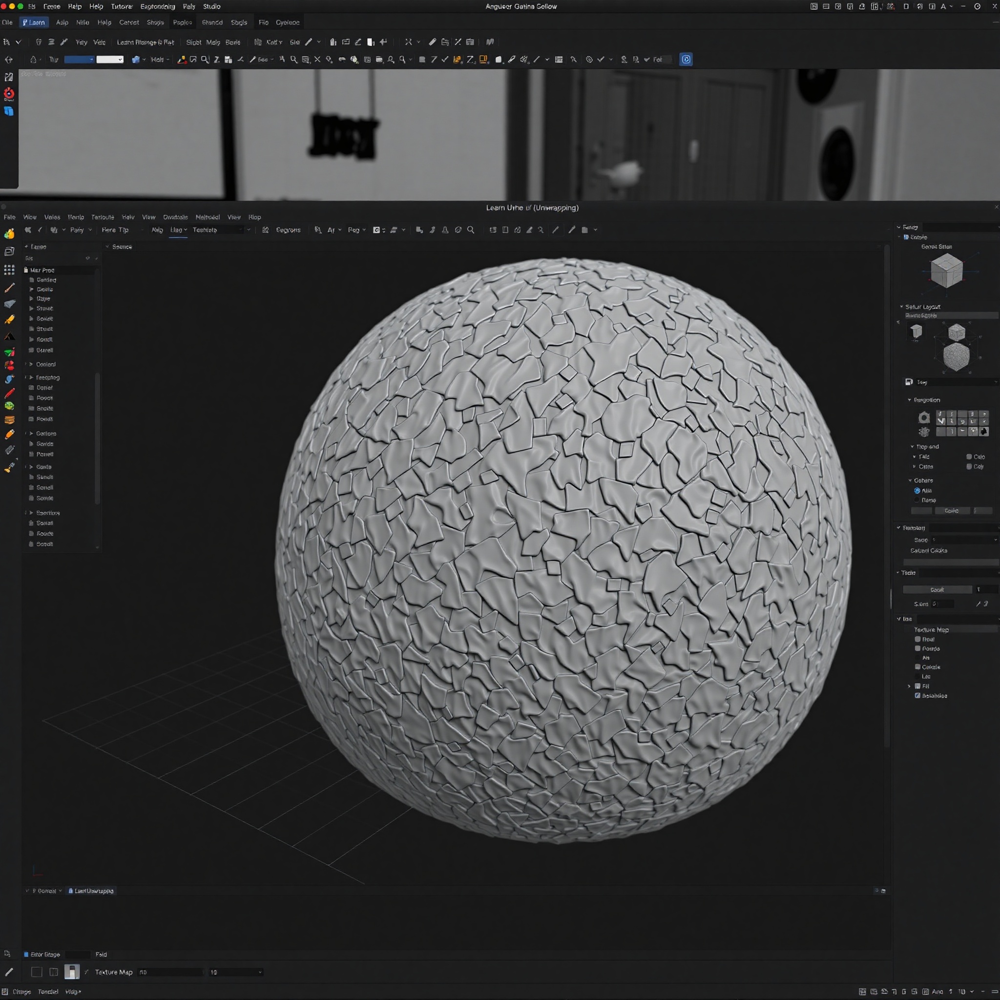 Interfaz de Blender mostrando proceso de UV unwrapping con mapa de texturas visible