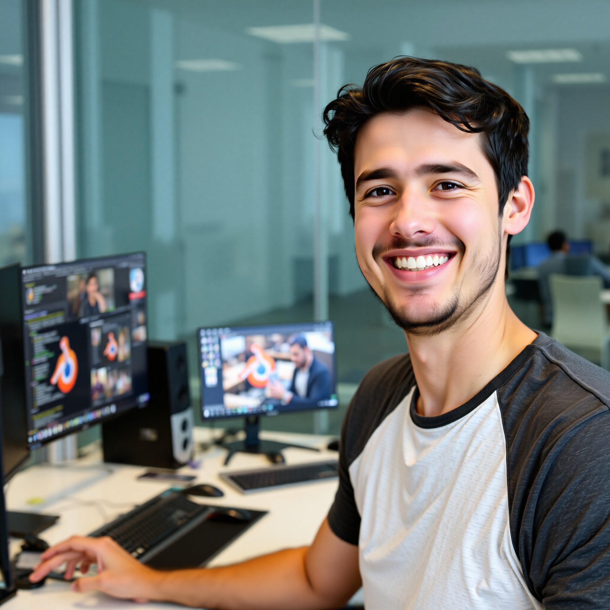 Carlos, desarrollador de videojuegos independiente de 28 años con cabello oscuro, sonriendo en oficina moderna