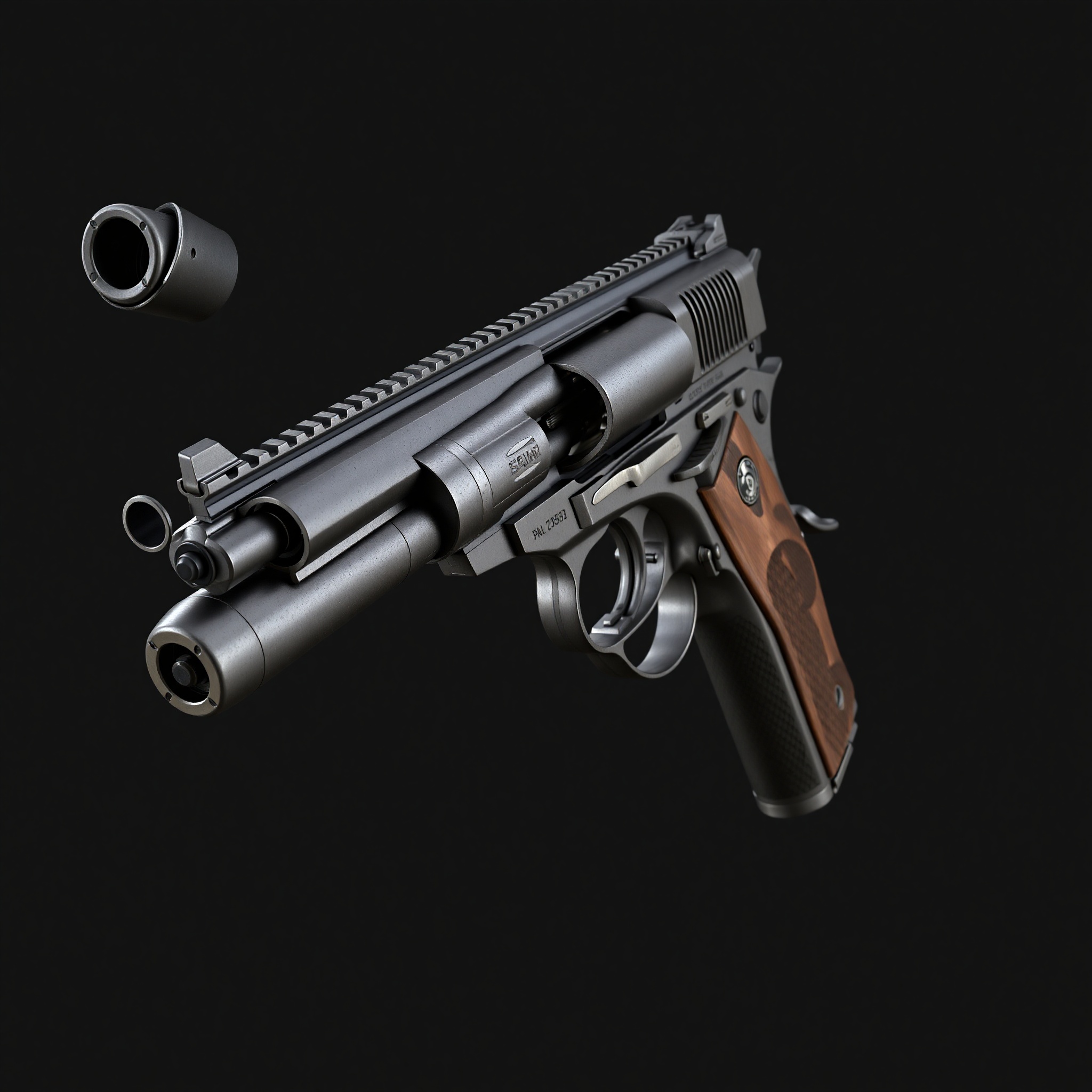 Modelo 3D de arma de fuego profesional con detalles mecánicos realistas y materiales aplicados