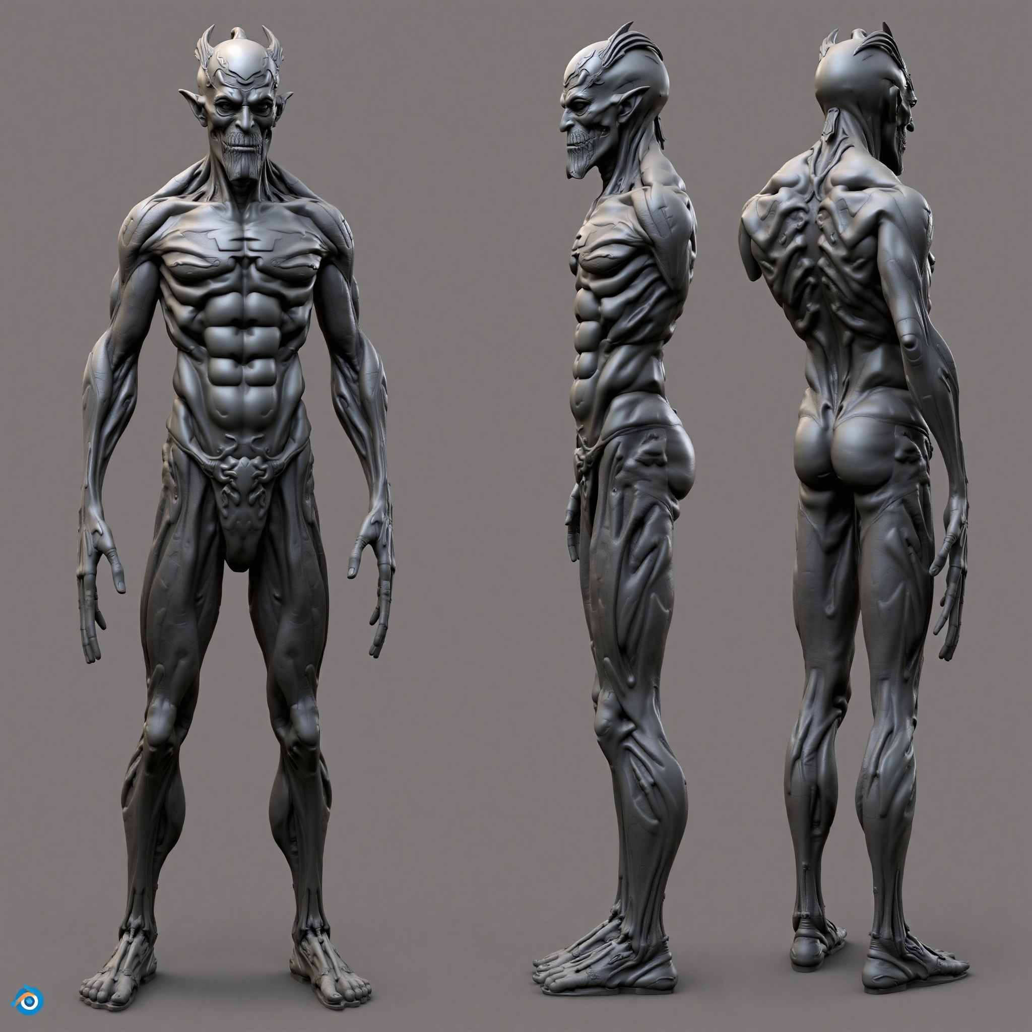 Personaje de videojuego con anatomía detallada en diferentes ángulos de visualización