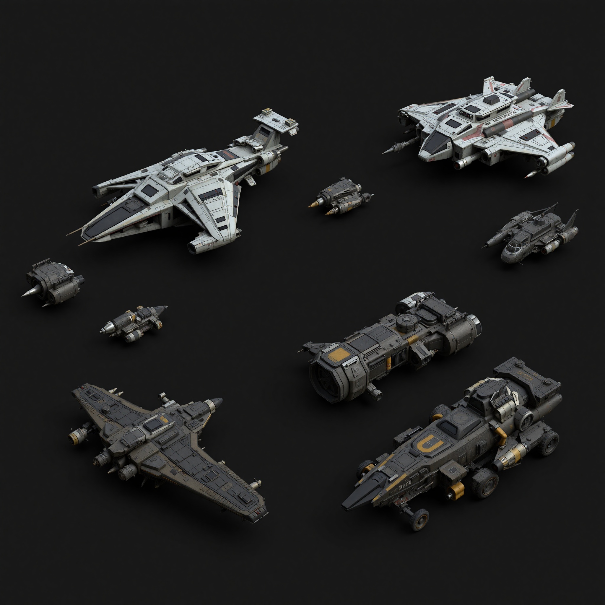 Vehículos 3D de videojuego incluyendo naves espaciales y automóviles con detalles aerodinámicos profesionales