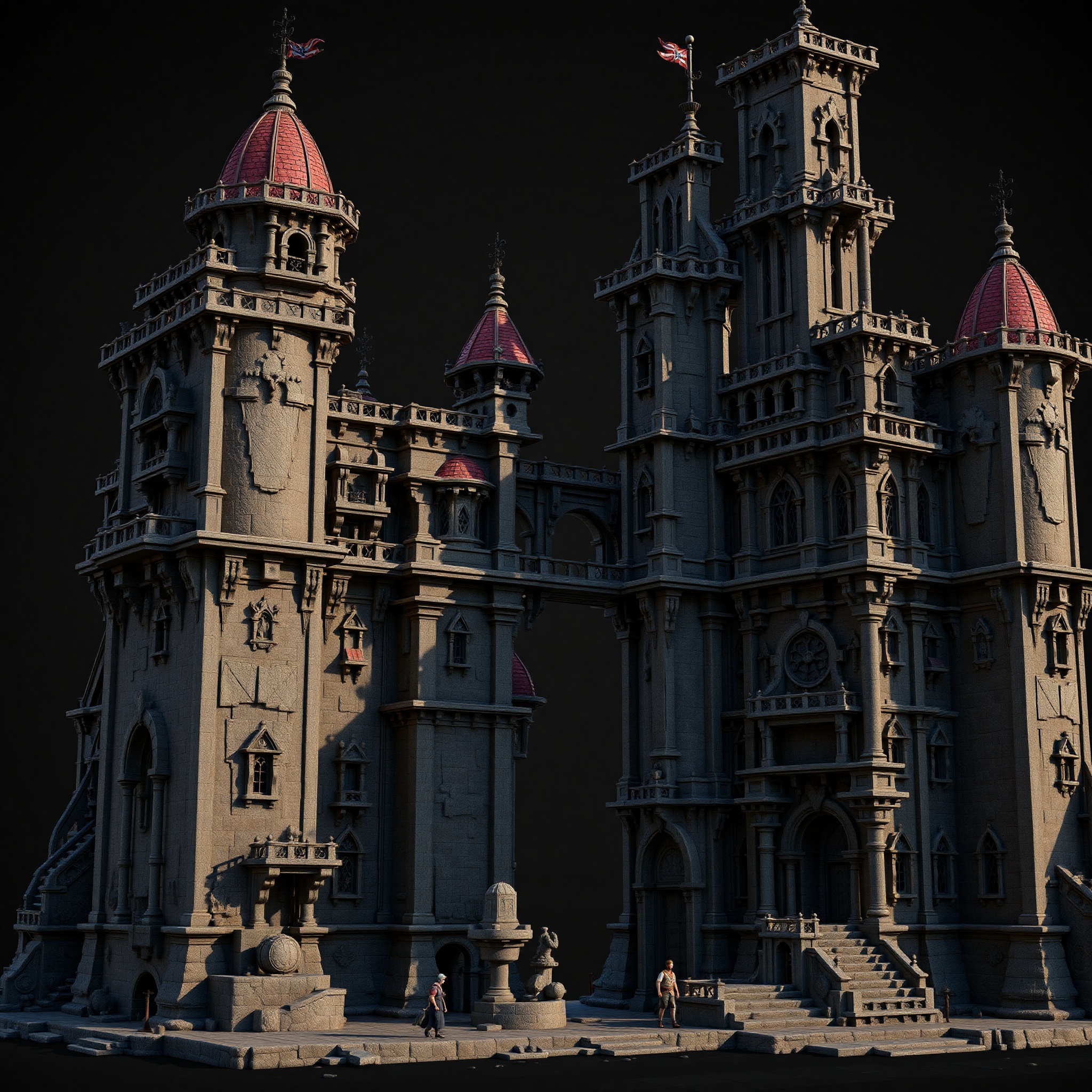 Estructura arquitectónica de videojuego con múltiples detalles, iluminación realista y texturas complejas