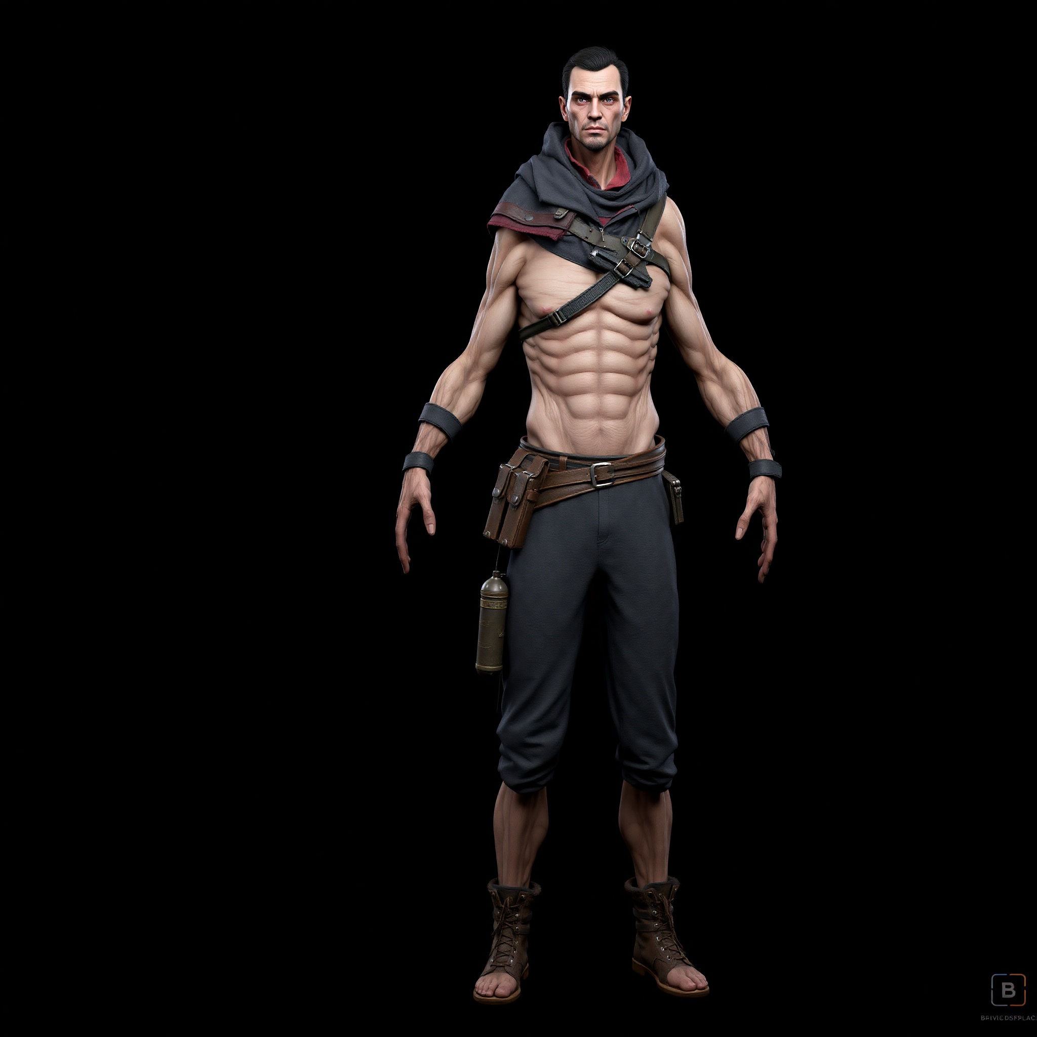 Personaje humanoid de videojuego con anatomía detallada, ropa y equipamiento profesionalmente modelado