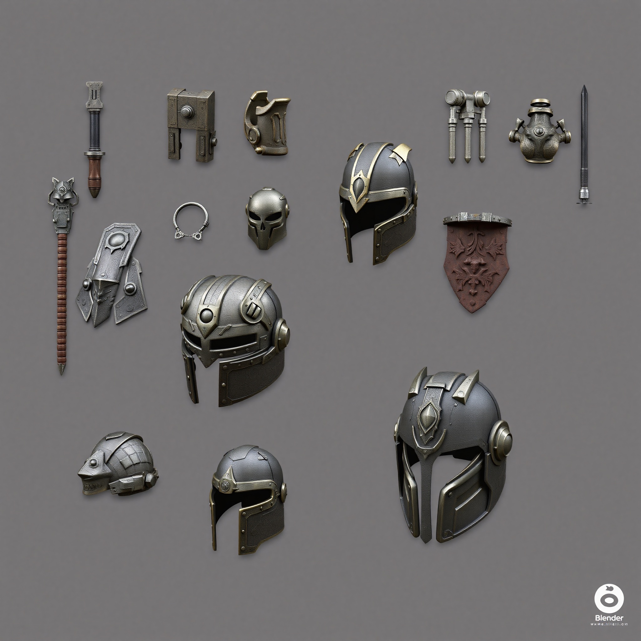 Accesorios y equipamiento de juego incluyendo armaduras, cascos y objetos interactivos modelados en Blender