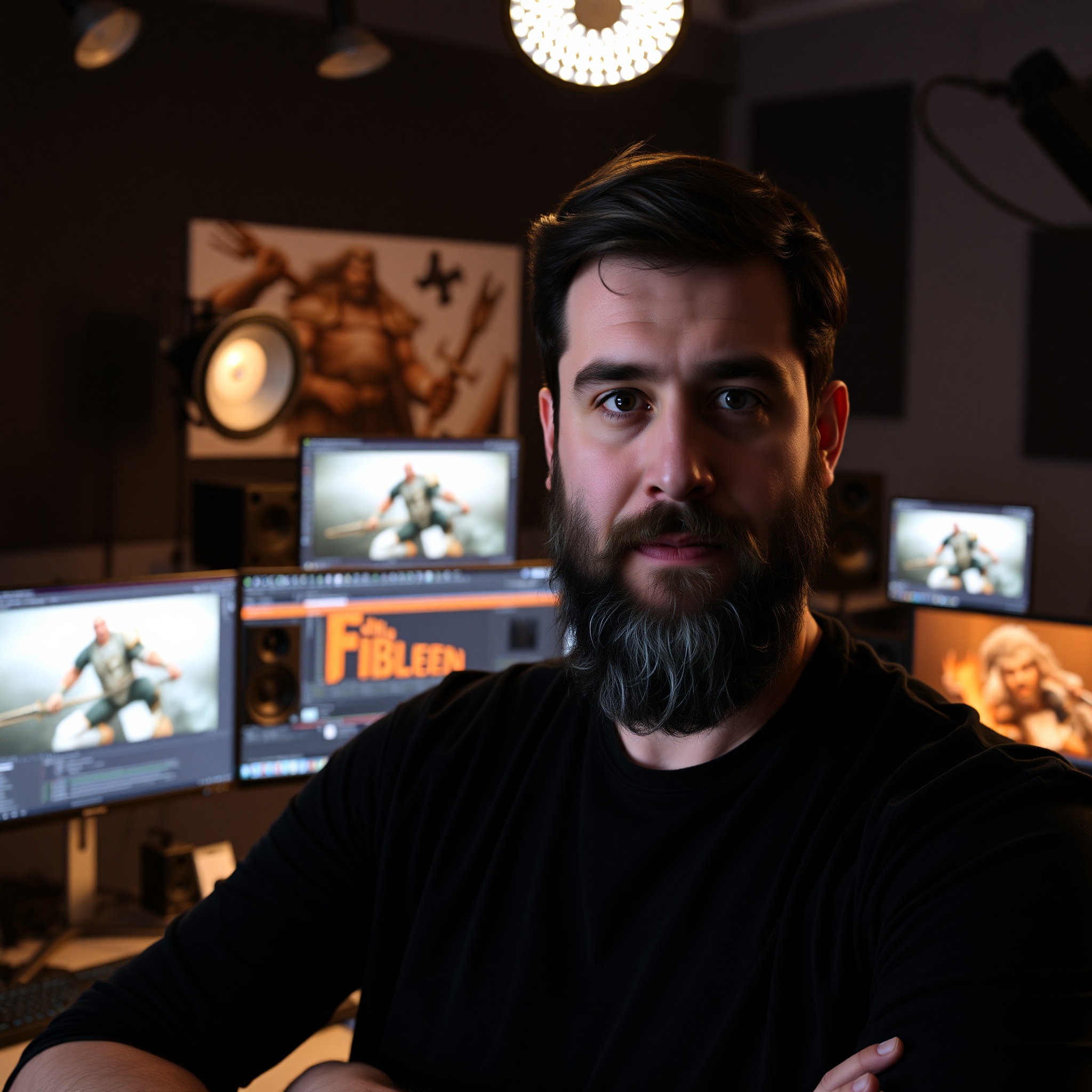 Javier, artista 3D profesional de 35 años con barba, en estudio de iluminación profesional con monitores de alta gama