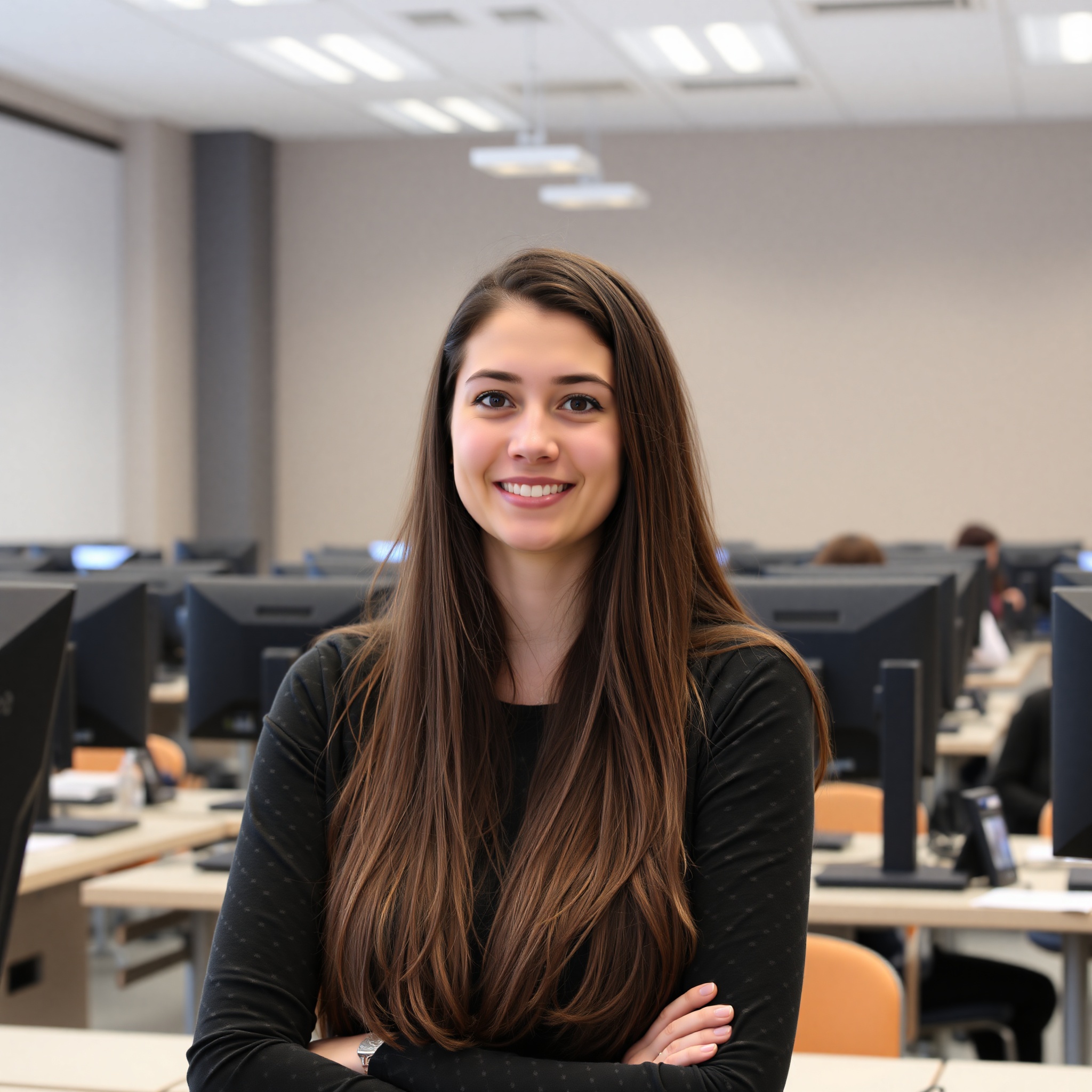 María, estudiante de diseño 3D de 24 años con cabello castaño largo, en sala de clases con computadoras